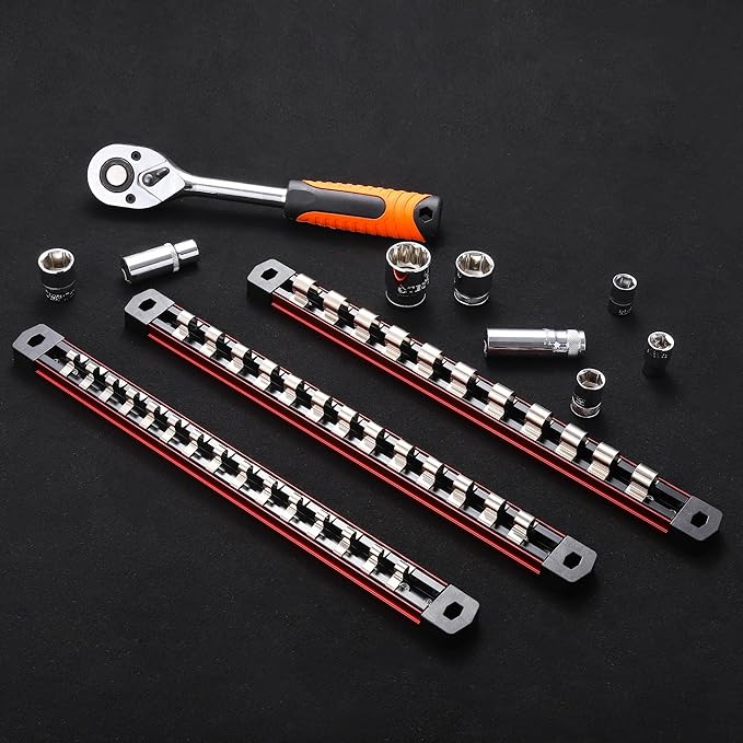 ALOANES 3-Piece Magnetic Socket Organizer, Heavy Duty Aluminum Socket Rails Organizer with 33 Stainless Clips (1/2-Inch) - Red