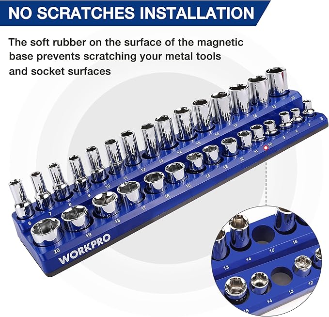 WORKPRO Magnetic Socket Organizer Set, 4-Piece Socket Holder Set Includes 1/4", 3/8" Drive Metric & SAE Socket Trays, Holds 108 Pieces Standard and Deep Size Sockets (Sockets not Included)