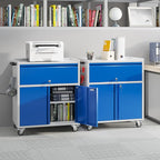 Aobabo Metal Cabinet with Wheels, Metal Garage Cabinet with 1 Drawer and 4 Hooks, Small Rolling Tool Storage with Pegboard and Handle, Assembly Required, Blue Grey