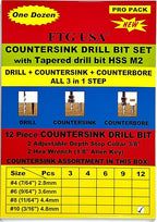 FTG USA 12 Pc #10 (3/16") Countersink Drill Bit Set with Depth Stop Collar, Hex Wrench - Tapered Drill Bits for Wood