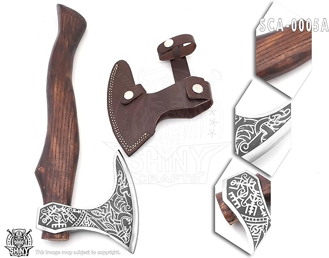 SHINY CRAFTS-Camping Axe Tomahawk Viking Bearded Axe Custom Handmade Carbon Steel Axe Valentine's Day Gift Birthday Gift for him with Premium Leather Sheath (SCA 05A)