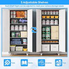 71" H×32" W×16" D Garage Storage Cabinet with Wheels & Pegboard, Locking Metal Storage Cabinet with Doors and 5 Adjustable Shelves & & 4 Hooks for Garage Warehouse Home Office, White and Gray
