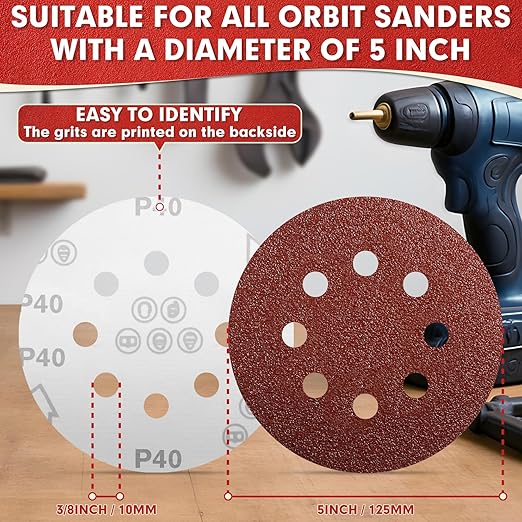 JTIEO 5 Inch Sanding Discs – 100 PCS 180 Grit Sandpaper Assortment, Hook & Loop Orbital Sander Pads, Round Sanding Pads for Random Orbital Sanders