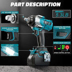 Cordless Impact Wrench 1/2 inch Compatible with Makita 18V Battery – Brushless High Torque Impact Driver Gun with 1000 Ft-lbs Torque, LED Work Light, Ergonomic Design for Heavy-Duty Performance