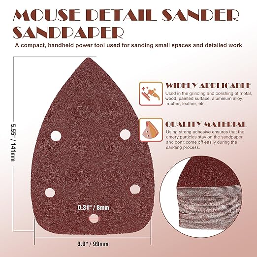 100 Grit Mouse Sander Sandpaper, Jamiikury 5 Hole Detail Sander Sandpaper Palm Sander Paper Mouse Sanding Pads Hook and Loop Sanding Sheets - Pack of 50