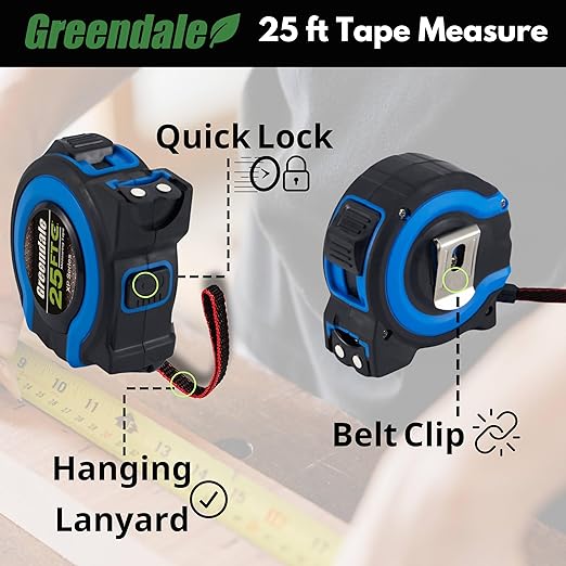 Greendale - 3 Pack - Tape Measures 25 ft - Easy to Read Fractions to 1/8th inch - Magnetic Tip - Thumb and Quick Lock - Autowind - Belt Clip - Blue - Measuring Tape Retractable