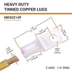 SELTERM 25pcs 2 AWG 1/4" Stud Marine Grade Tinned Copper Battery Cable Lugs, 2 Gauge Ring Terminals, UL Wire Lugs Electrical Battery Cable Ends, Tinned Copper Lugs Battery Terminal Connectors