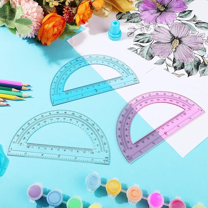Zonon 12 Pack 6 Inch Plastic Protractor Back to School Protractors 180 Degrees Pink Blue Clear Protractors for Classroom Math Teacher Student Office Supplies