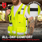 NoCry Premium Reflective Safety Vest for Men with Heavy-Duty Stitching & Phone Pocket — ANSI Class 2 High-Visibility Neon Workwear with Multiple Pockets – Ideal for Construction Workers & Surveyors