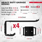 4-Piece 9.4" Heavy Duty Garage Hooks, Sturdy Utility Hooks Holds 55 LB Wall Mount Garden Tool Organizer Hangers for Hanging Shovel Ladder Chairs Strollers Power Tool Tire and More (Black)