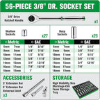 SK 3/8" Drive Socket Set with 160-P Ratchet, 56-Piece, SAE & Metric, SuperKrome Finish, Premium CR-V Construction, with EVA Foam Tool Organizer