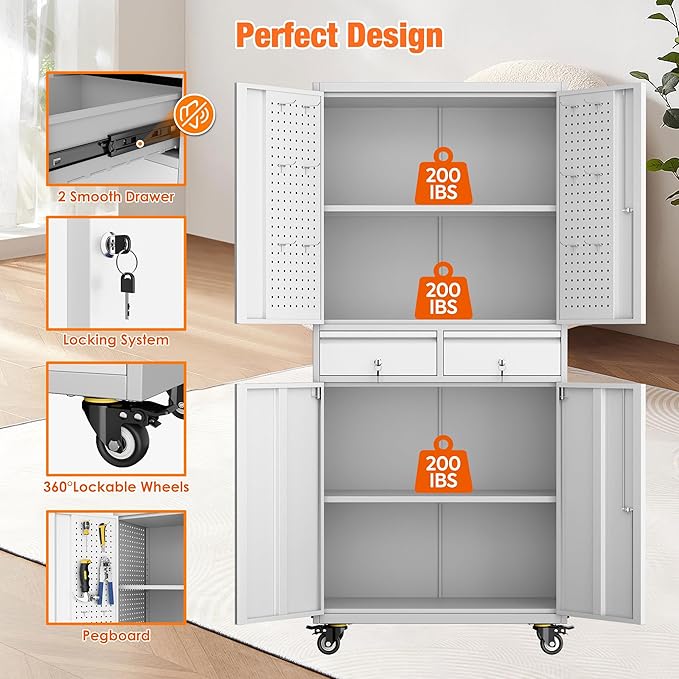 71" H Metal Garage Storage Cabinet with Wheels and Doors,Rolling Tool Cabinet with Pegboard and 2 Lockable Drawer for Garage Warehouse Home,Required Assembly,Grey and White