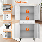 71" H Metal Garage Storage Cabinet with Wheels and Doors,Rolling Tool Cabinet with Pegboard and 2 Lockable Drawer for Garage Warehouse Home,Required Assembly,Grey and White