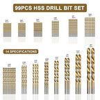 BeHappy 99 Pcs Drill Bit Set, 135° Tip Titanium Coated High Speed Steel, Twist Drill Bit Kit for Iron, Aluminum Alloy, Copper, Wood, Plastic, with Hard Storage 1/16“-3/8”