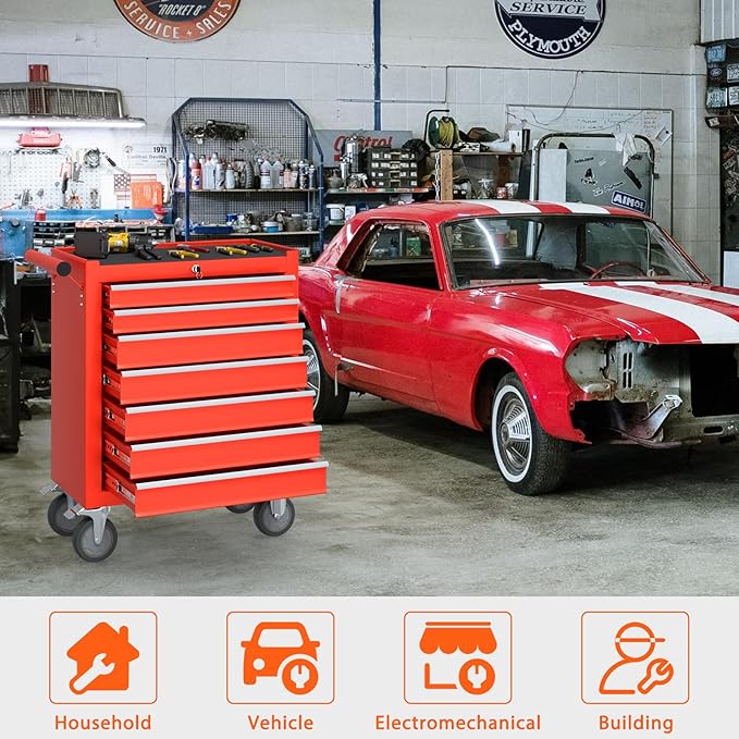 7-Drawer Rolling Tool Chest, Tool Box with 4 Wheels and Drawers, High Capacity Detachable Mobile Tool Storage Cabinet for Garage, Workshop, Mechanics and Repair Room (Red)