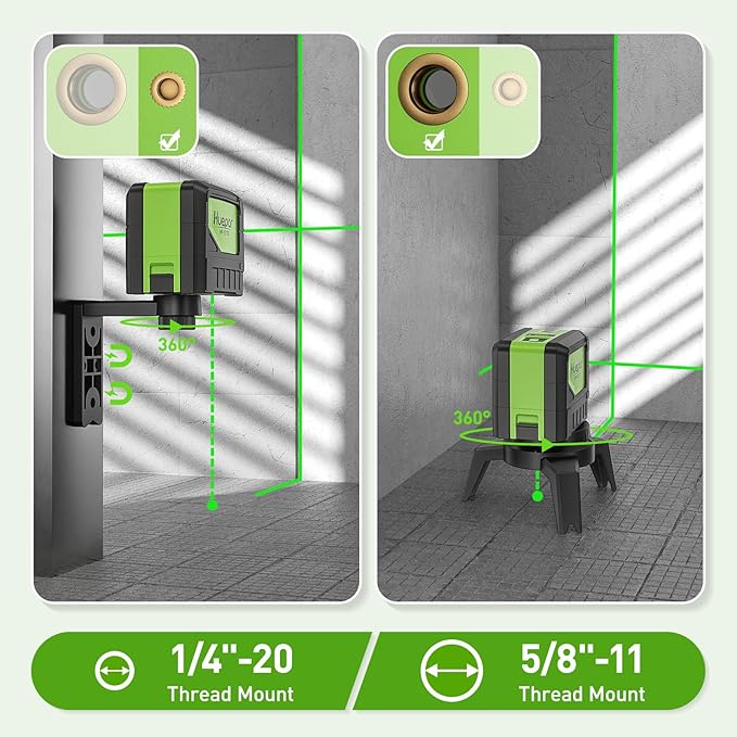 Laser Level with 2 Plumb Dots - Huepar 2 Plumb Points and 2 Cross Line Alignment Laser Level Tool with 180° Wide Angle, 2 In 1 Multi-Use Green Plumb Laser Self Leveling Laser Leveler - 9211G