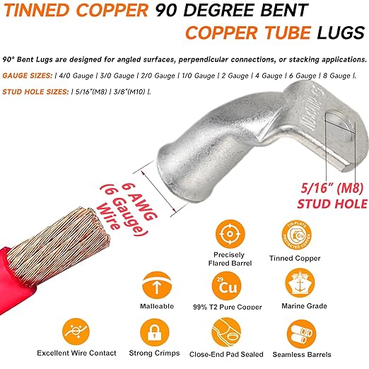Tinned Copper Cable Lugs 10pcs 6 AWG-5/16 90 Degree Bent Battery Lugs,Heavy Duty Wire Lugs,Ring Terminal,6 Guage terminals,Battery Cable Ends/Terminal Connectors with 10pcs 3:1 Heat Shrink Tubing