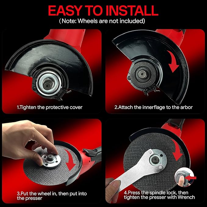 Cordless Angle Grinder Compatible, 4-1/2-Inch,1000RPM Brushless Motor with Cutting/Polishing Wheel Disc,Pin Wrench Kitbox For Metal Wood Polishing,Thin Steel (Red)