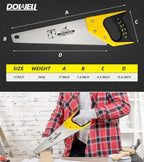 DOWELL 14 in Hand Saw - 11 TPI Fine Cuts Wood Saw Perfect for Sawing, Trimming, Gardening, Cutting Wood, Drywall, Plastic Pipes, Sharp Blade