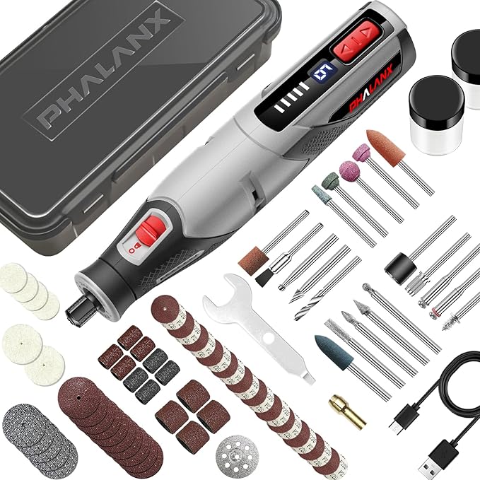 Rotary Tool - 4V Rotary Tool Cordless, PHALANX Rotary Tool Accessories 80 PCS 4000mAh Li-Ion Battery, Preset 9 Speed Adjustment Grinder Tool for Cutting Sanding Carving Polishing Engraver DIY Crafts
