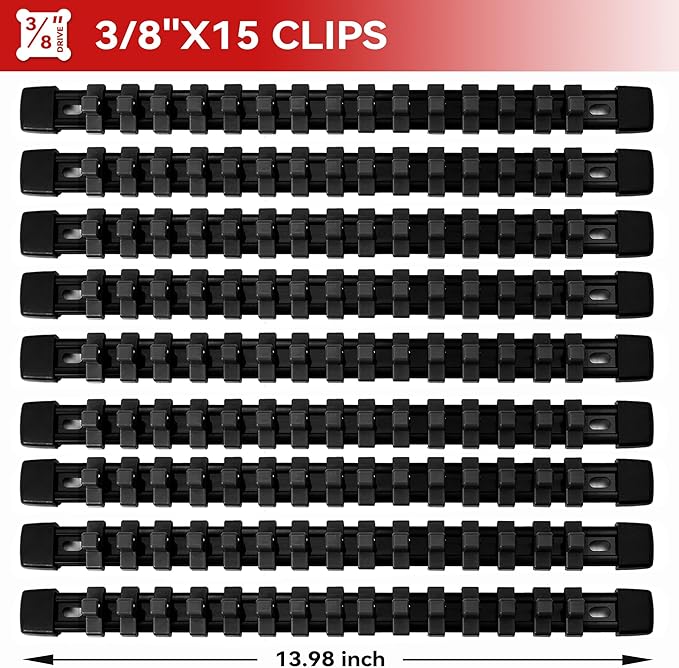 ALOANES 9 PC ABS Socket Organizer, 3/8 inch, Drive Socket Rail Holders, Heavy Duty Socket Racks, Black Rails with Black Clips
