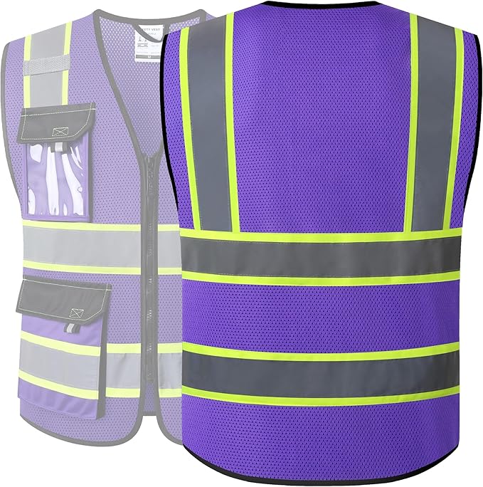 JKSafety Hi Vis Reflective Safety Vests for Men Women High Visibility Vest with Pockets Mesh Fabric Construction Safety Apparel Neon Vest for Work (220-PurpleB M)