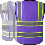 JKSafety Hi Vis Reflective Safety Vests for Men Women High Visibility Vest with Pockets Mesh Fabric Construction Safety Apparel Neon Vest for Work (220-PurpleB L)