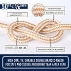 RainierSupplyCo Boat Anchor Rope - Double Braided Marine Rope Anchor Line - 50 ft x 3/8 Inch Nylon Boating Line with 316 Stainless Steel and Heavy Duty Marine Grade Bow Shackle - White/Gold