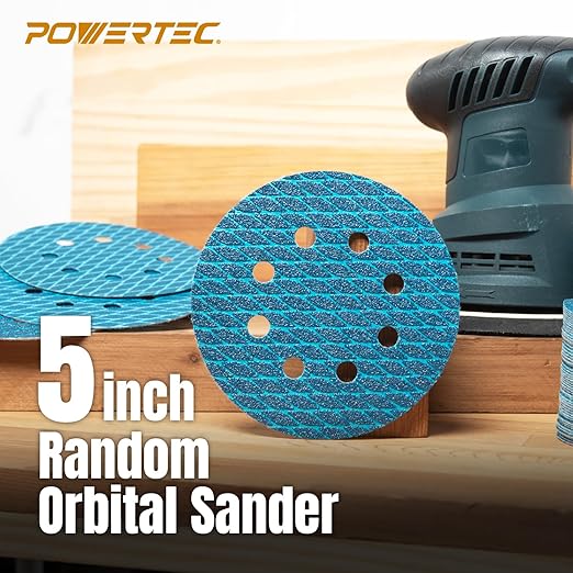 POWERTEC 5 Inch 8-Hole Hook and Loop Diamond Shaped Sanding Discs, 50PK, 60 Grit for Random Orbital Sanders – J-Weight Cloth Backing for Long Life, Anti-Clog Sandpaper (44906)