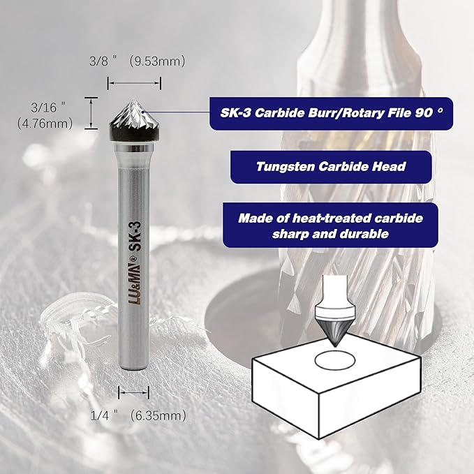 Tungsten Carbide Burr 90° Cone, SK-3, Double Cut, 3/8" x 3/16" Head, 1/4" Shank, Versatile Burr Bit for Metalworking, Woodworking, Grinding, Shaping & Deburring by LU&MN