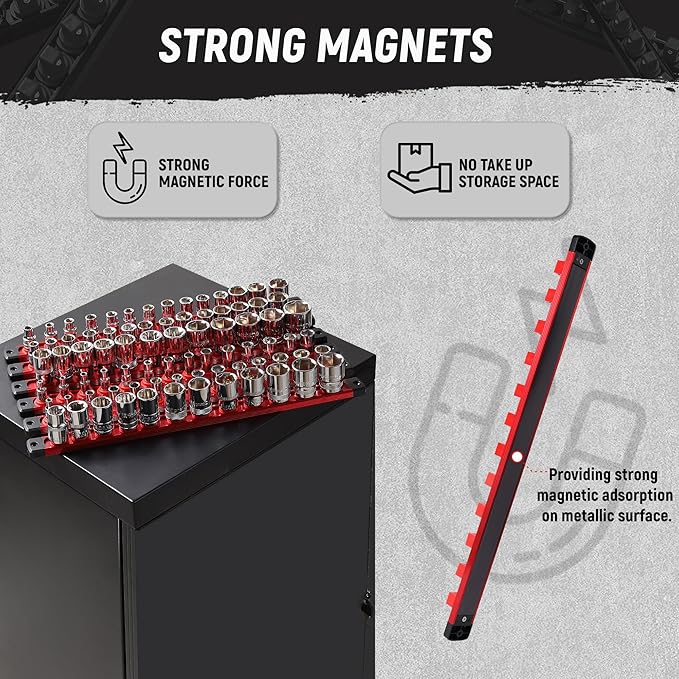 ALOANES Magnetic Socket Organizer, 1/2-Inch Drive Aluminum Socket Holder Socket Tray, Heavy Duty Socket Rail Organizer for Tool Box Drawer, 360°Swivel Clips Socket Rack 1/2-Inch x 12 Clips (Red)