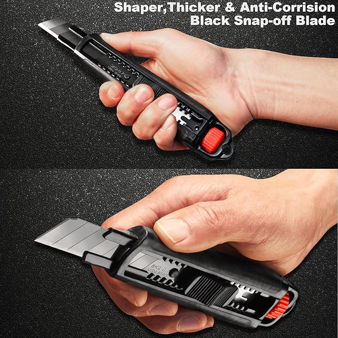 HAUTMEC 18mm Heavy Duty Utility Knife, Box Cutter with Double Lock Mechanism, Auto-Lock and Ratchet-Lock, SK2 Sharp Black Blade for Industrial or Construction Applications HT0136-KN