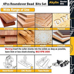 4Pcs Roundover and Beads Router Bits,Radius -1/8" ,1/4",5/16",3/8" Edge Forming Router Bit Set,1/4 Inch Shank,Corner Rounding Router Bits,Matched with 4pcs Alternative Beading Bearings