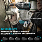 Cordless Impact Wrench 1/2 inch for Makita Battery 900FT-LBS with 6 Sockets and Durable Toolbox Brushless Impact Gun Includes LED Work Light - High Torque Impact Driver, No Battery