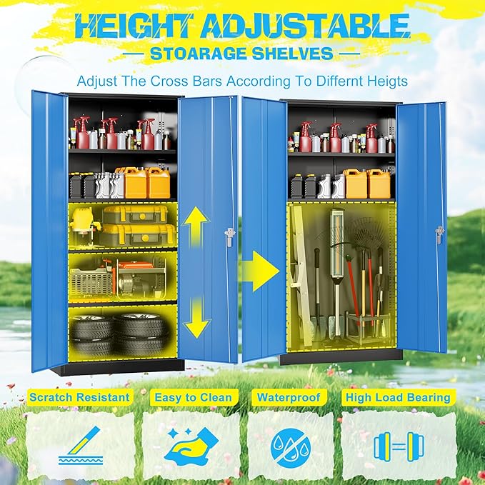 Pataku Metal Storage Cabinet, 72" Garage Cabinet with Doors and Shelves Lockable Steel Multifunctional Cabinets, File Cabinets for Home, Office, Warehouse(Black Blue)