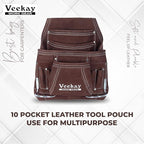 VEEKAY 10 Pockets Men Suede Leather Tool Pouch Beige and Brown Color Bags Fastener Carpenter's Nail & Tool Bag Heavy Duty Steel Hammer Loop, Belt Loop for Electrician Technician Installers