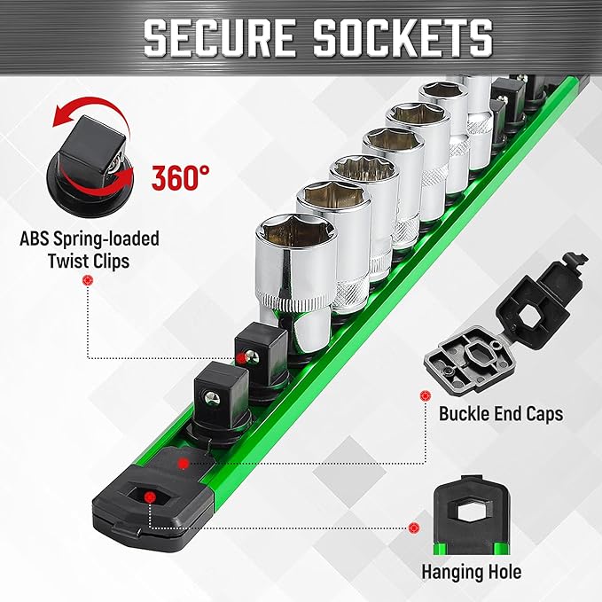 ALOANES 3-Piece Magnetic Socket Organizer, Heavy Duty Aluminum Socket Rails Organizer, 360° Swivel Clips Socket Holder Kit for Tool Box, 1/2-Inch Socket Holder x 36 Clips (Green)