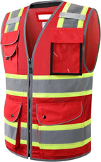 JKSafety 11 Pockets Hi-Vis Black Mesh Safety Vest for Men Women High Visibility Reflective Construction with Zipper Work Utility PPE Work Gear ANSI/ISEA compliant (102-Red 3XL)