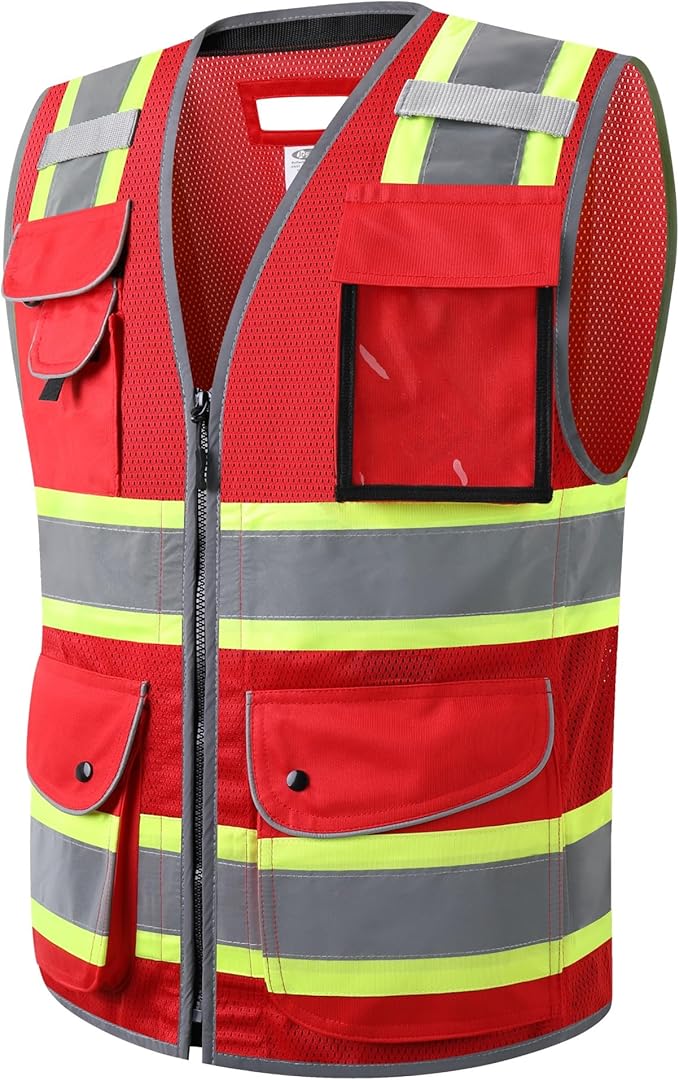 JKSafety 11 Pockets Hi-Vis Black Mesh Safety Vest for Men Women High Visibility Reflective Construction with Zipper Work Utility PPE Work Gear ANSI/ISEA compliant (102-Red 3XL)