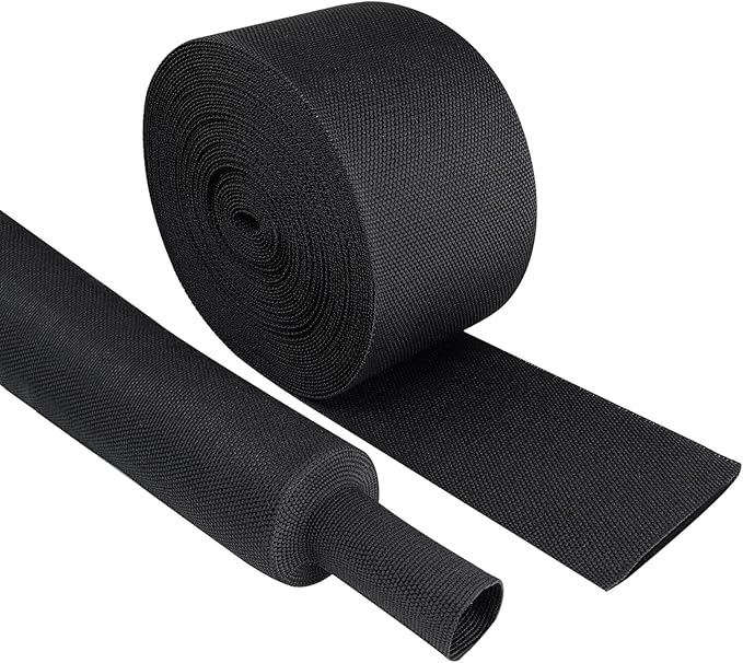 Black 2:1 Ratio Automotive Heat Shrink Braided Sleeving,Wear-Resistant Flat Woven Shrinkable Sleeve Fabric Car Cable Wires Hoses Protection (2''-19ft)