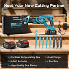 Seesii Reciprocating Saw Cordless, 3300 RPM Brushless Motor with 2 x 4.0Ah Batteries, 8 Saw Blades Portable for Wood PVC Cutting
