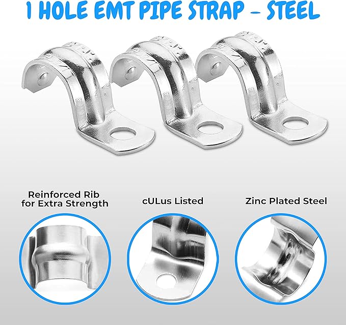 OHLECTRIC Heavy Duty Pipe Strap (100 Pack - ½ Inch) Zinc-Plated Steel EMT Conduit Clamps - 1 Hole Reinforced Rib Design - Snap-On Installation - Metal Pipe Strap for EMT Conduits