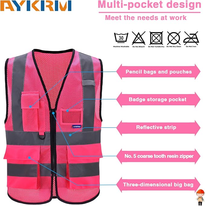 A-SAFETY High Visibility Mesh Safety Reflective Vest with Pockets and Zipper,Hi Viz Work Vest for Men Women (Pink Mesh XXXL)