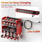 Power Tool Organizer Wall Mount with Charging Station,Tool Storage Rack with 8 Outlet Power Strip,Heavy Duty Metal Battery Utility Rack with 4 Cordless Drill Holder 6.56 Ft Cord for Garage