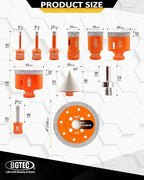 BGTEC Diamond Hole Saw Kit - 10PCS 6/8/10/25/35/50/65mm Drill Bits & 10mm Milling Finger Bit & 50mm Chamfering Bit & HEX & 100mm Tile Blade for Porcelain Tile Ceramic Granite Marble Stoneware
