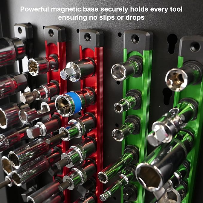 Magnetic Socket Holder Organizer Set:3/8-Inch Drive Socket Trays Socket, 360° Swivel 14 Clips Socket Holder Kit, For Automotive Mechanic Garage (Red)