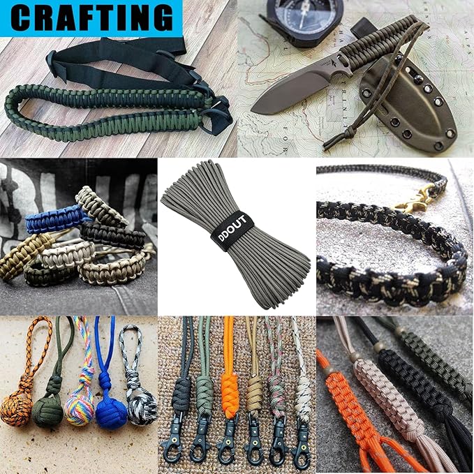 Paracord Nylon Rope Gray 100ft with 7-Strand Core, 10 Colors and 50/100/200 ft, Type III Parachute Cord 4mm for Camping, Survival, Hiking, DIY, Crafting, Outdoor Utility Rope