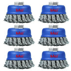 SALI 6 Pack Wire Cup Brush, 3 Inch Twisted Knotted Cup Brush for Grinders, with 5/8-11 Inch Arbor for Heavy Cleaning Rust, Stripping and Abrasive, for Angle Grinder