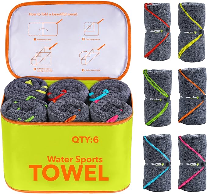 4Monster 4 Pack Microfiber Camping Towel Quick Dry, Super Absorbent Travel Towel with Waterproof Bag, Lightweight Boat Towel for RV, Sport, Gym, Beach, Pool, Swim,Family Trip
