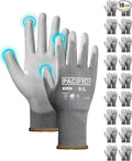 PACIFIC PPE Work Gloves for Men and Women, 18 Pairs Bulk Pack Mechanic Touchscreen Working Gloves, PU Coated, Mens Gardening Gloves, Lightweight, Grey, Large
